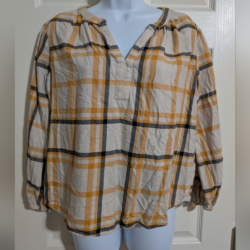 Loft Medium Petite Plaid Fall Top Yellow Black